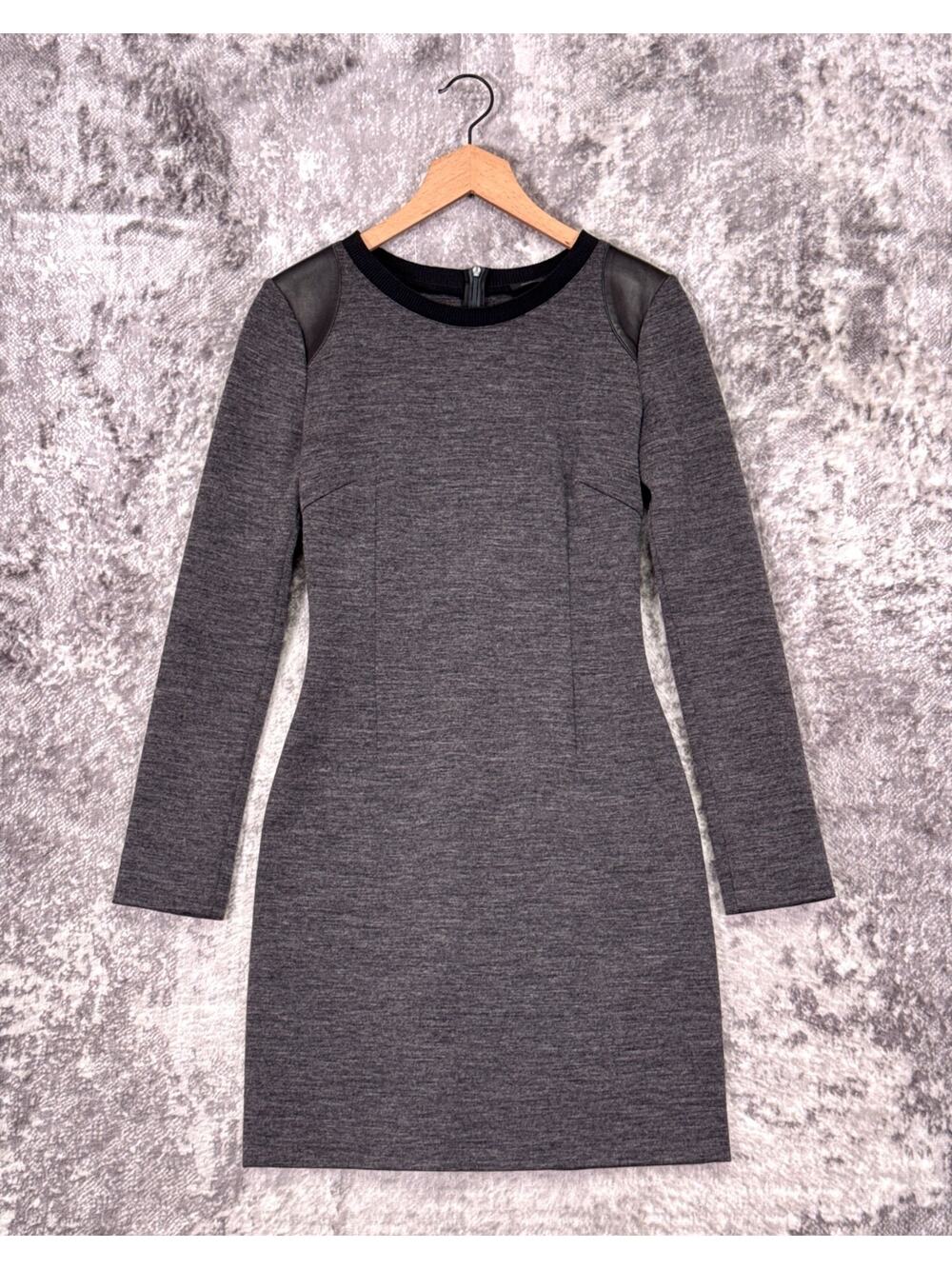 Joseph Dress 38 Womens Heather Gray Lamb Leather Detailing Long Sleeve Mini